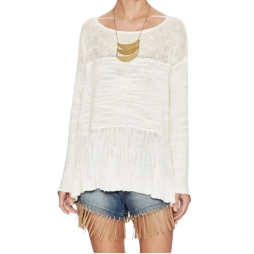 Free People Kristobel Embroidered Yoke Panel Ruffle Top Eggshell